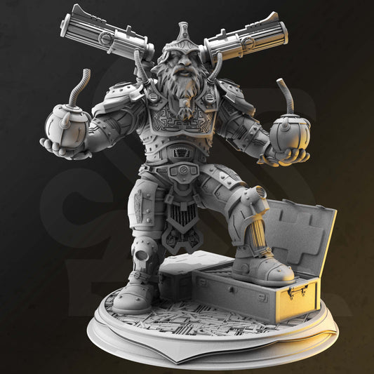 Dwarf Engineer Bomber Fantasy Gatling Gun Miniature 32mm - Dwarven Grenadier by DM Stash