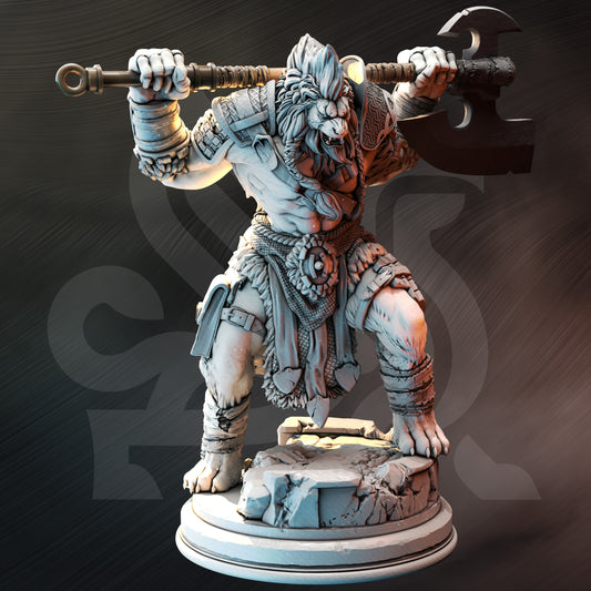 Lion Beastrace Barbarian Great Axe Warrior Miniature 32mm Scale - Lionfolk Barbarian by DM Stash