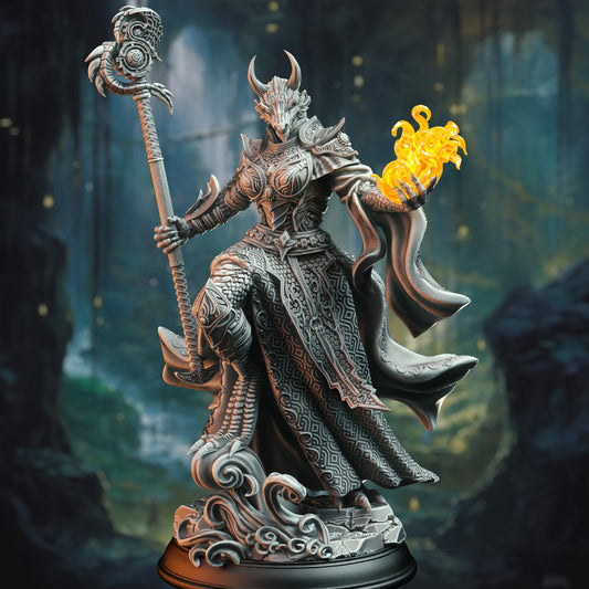 Dragonborn Female Mage Sorcerer Staff Spellcaster 32mm Scale - Ascended Dragon Warlock by DM Stash